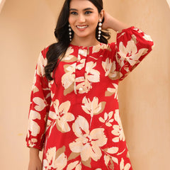 Cherry Red Floral Flared Co-ord With Floral Printed Pants (Set of 5 Pc)