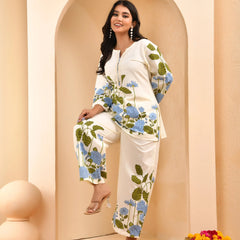 White Placement Floral Printed Co-ord Set with Matching Placement Print Pants (Set of 5 Pc)
