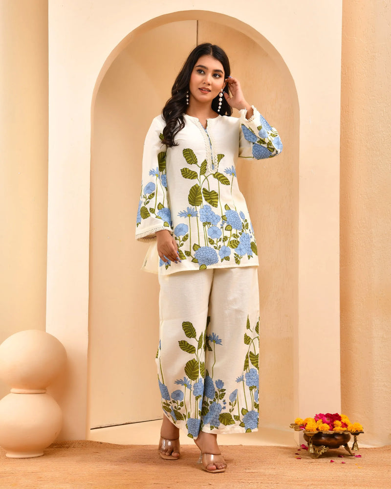 White Placement Floral Printed Co-ord Set with Matching Placement Print Pants (Set of 5 Pc)