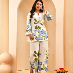 White Placement Floral Printed Co-ord Set with Matching Placement Print Pants (Set of 5 Pc)