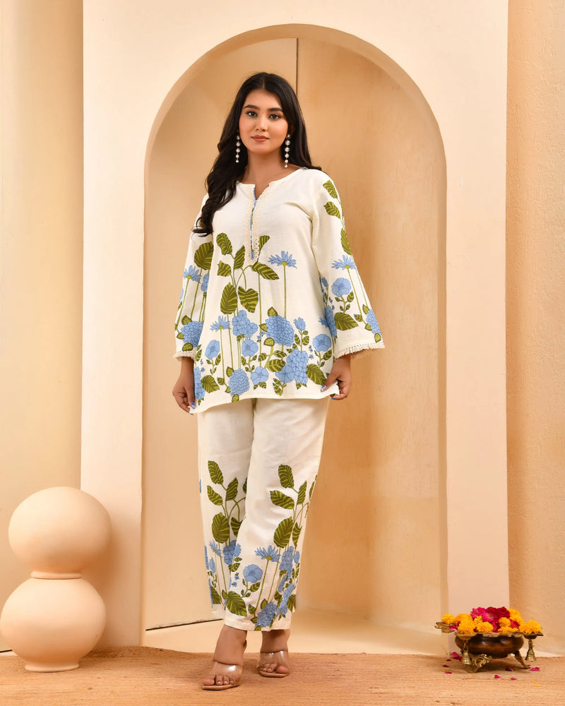 White Placement Floral Printed Co-ord Set with Matching Placement Print Pants (Set of 5 Pc)