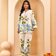White Placement Floral Printed Co-ord Set with Matching Placement Print Pants (Set of 5 Pc)