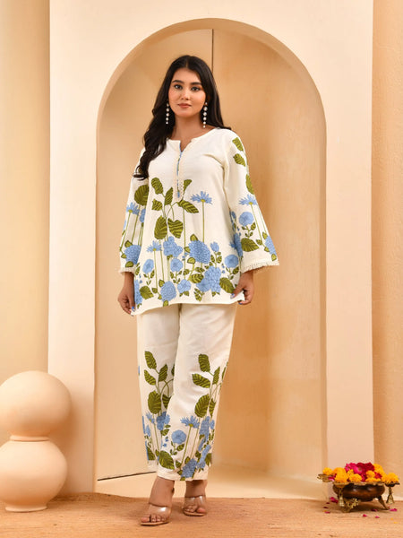 White Placement Floral Printed Co-ord Set with Matching Placement Print Pants (Set of 5 Pc)