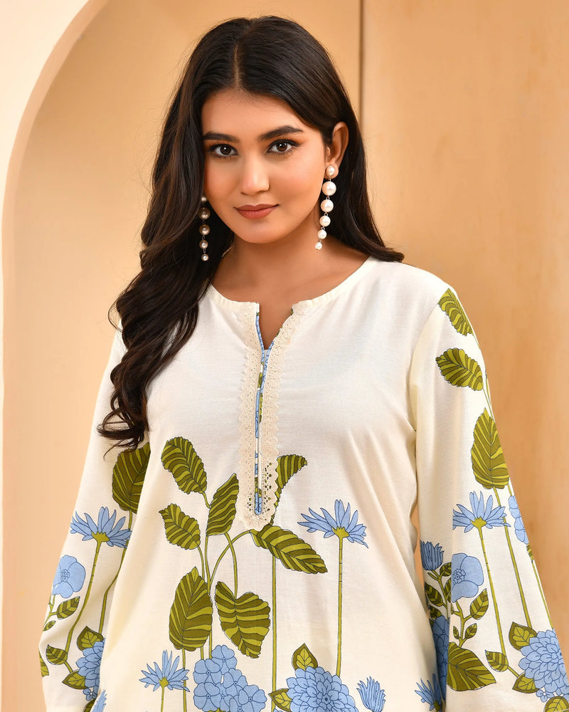White Placement Floral Printed Co-ord Set with Matching Placement Print Pants (Set of 5 Pc)