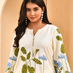 White Placement Floral Printed Co-ord Set with Matching Placement Print Pants (Set of 5 Pc)
