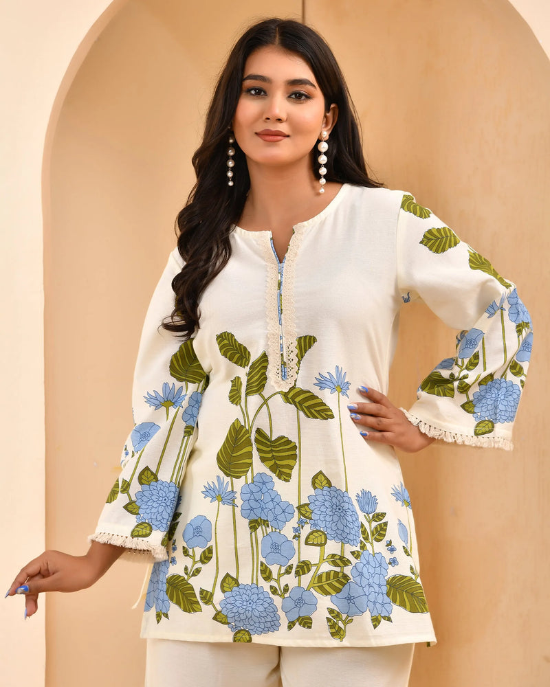 White Placement Floral Printed Co-ord Set with Matching Placement Print Pants (Set of 5 Pc)