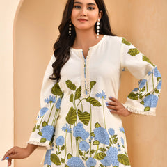 White Placement Floral Printed Co-ord Set with Matching Placement Print Pants (Set of 5 Pc)
