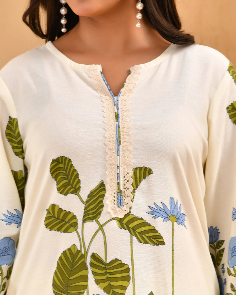 White Placement Floral Printed Co-ord Set with Matching Placement Print Pants (Set of 5 Pc)