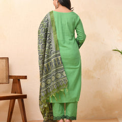 Pista Embroidered Kurta Set With Solid Pants & Printed Dupatta (Set of 5 Pc)
