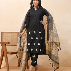 Black Embroidered Kurta Set With Solid Pants & Printed Dupatta (Set of 5 Pc)
