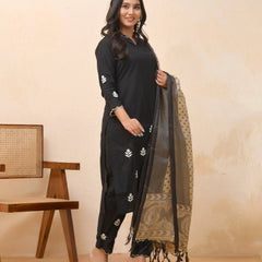 Black Embroidered Kurta Set With Solid Pants & Printed Dupatta (Set of 5 Pc)