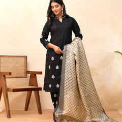 Black Embroidered Kurta Set With Solid Pants & Printed Dupatta (Set of 5 Pc)