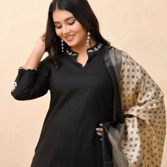 Black Embroidered Kurta Set With Solid Pants & Printed Dupatta (Set of 5 Pc)