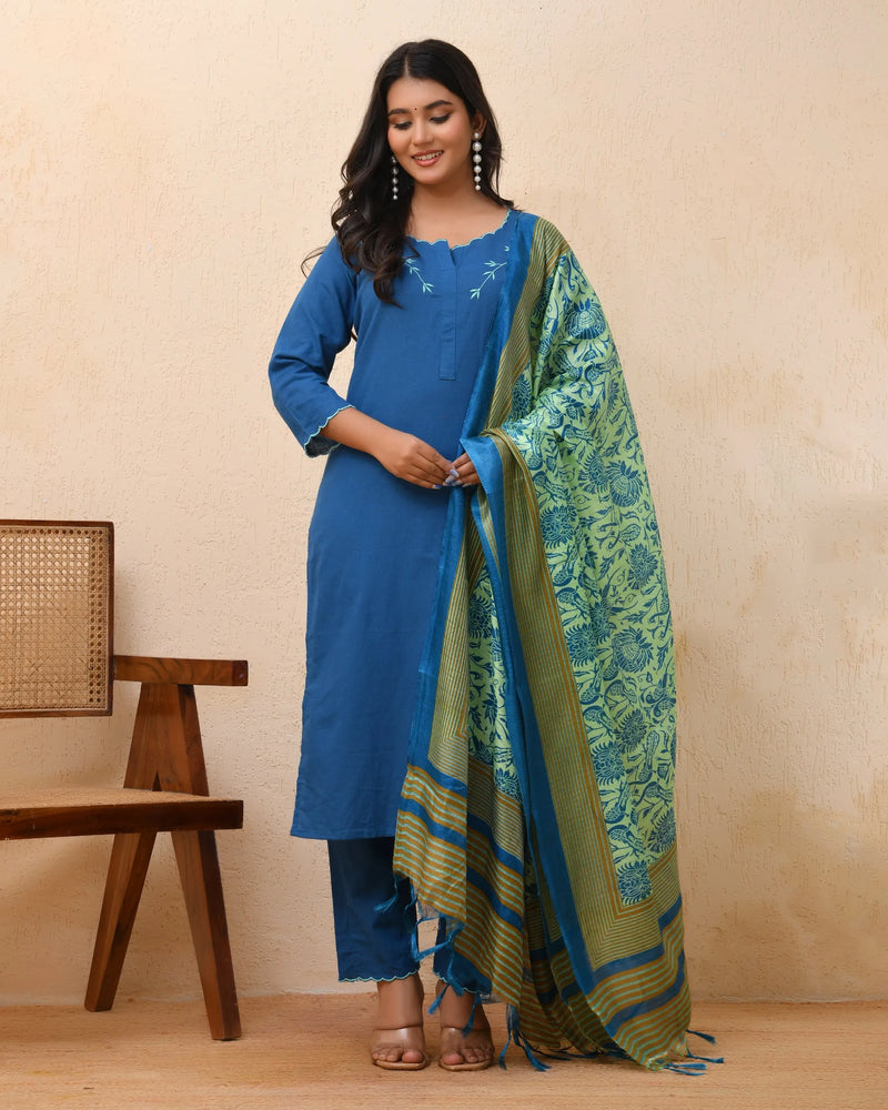 Blue Embroidered Kurta Set With Solid Pants & Printed Dupatta  (Set of 5 Pc)