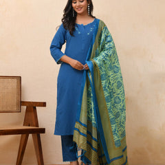 Blue Embroidered Kurta Set With Solid Pants & Printed Dupatta  (Set of 5 Pc)