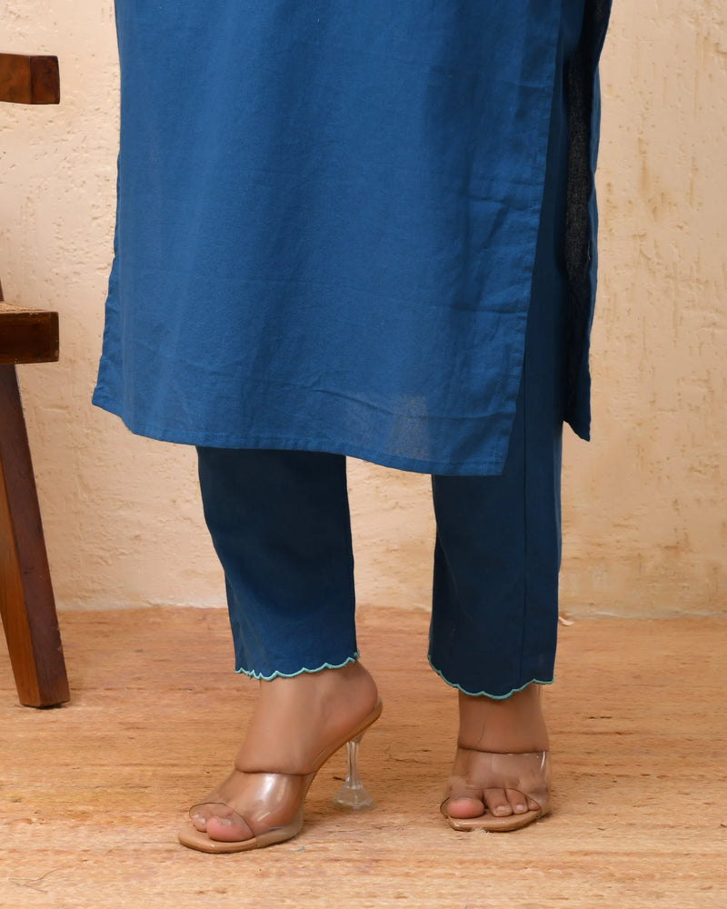 Blue Embroidered Kurta Set With Solid Pants & Printed Dupatta  (Set of 5 Pc)
