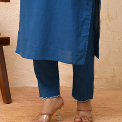 Blue Embroidered Kurta Set With Solid Pants & Printed Dupatta  (Set of 5 Pc)