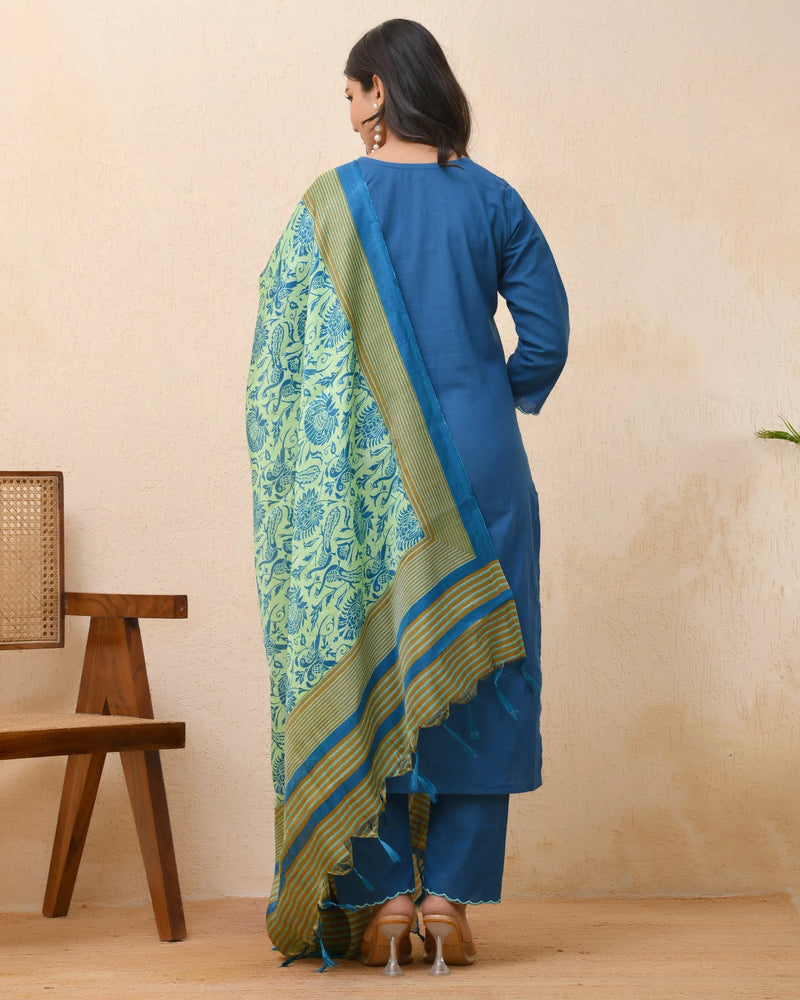Blue Embroidered Kurta Set With Solid Pants & Printed Dupatta  (Set of 5 Pc)