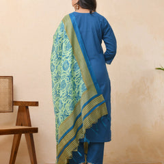 Blue Embroidered Kurta Set With Solid Pants & Printed Dupatta  (Set of 5 Pc)