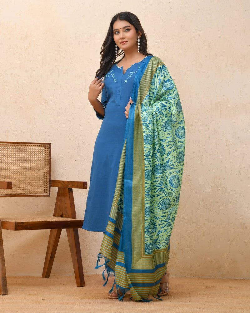 Blue Embroidered Kurta Set With Solid Pants & Printed Dupatta  (Set of 5 Pc)