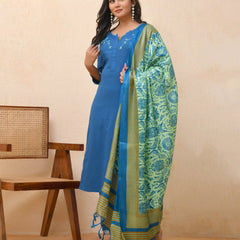 Blue Embroidered Kurta Set With Solid Pants & Printed Dupatta  (Set of 5 Pc)