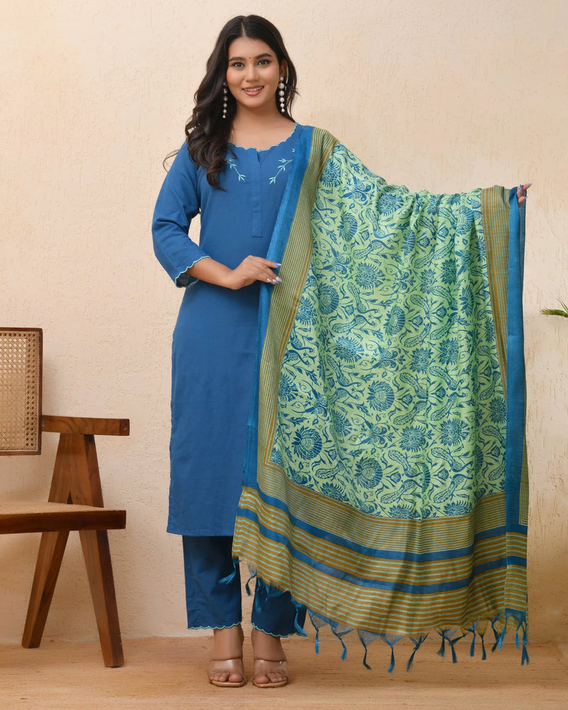 Blue Embroidered Kurta Set With Solid Pants & Printed Dupatta  (Set of 5 Pc)
