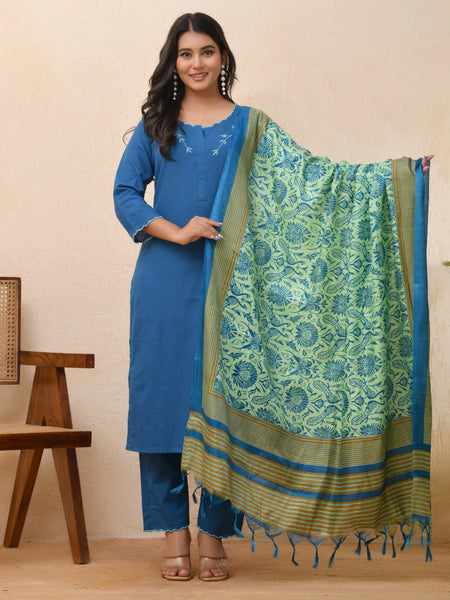Blue Embroidered Kurta Set With Solid Pants & Printed Dupatta  (Set of 5 Pc)