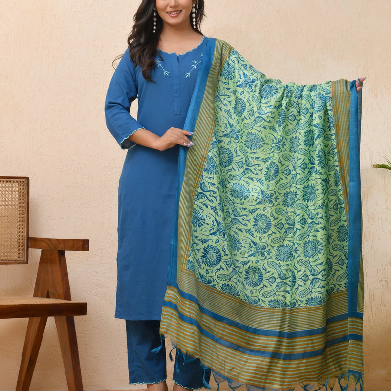 Blue Embroidered Kurta Set With Solid Pants & Printed Dupatta  (Set of 5 Pc)