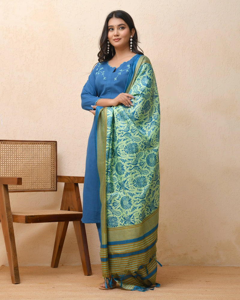 Blue Embroidered Kurta Set With Solid Pants & Printed Dupatta  (Set of 5 Pc)