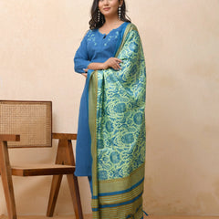 Blue Embroidered Kurta Set With Solid Pants & Printed Dupatta  (Set of 5 Pc)