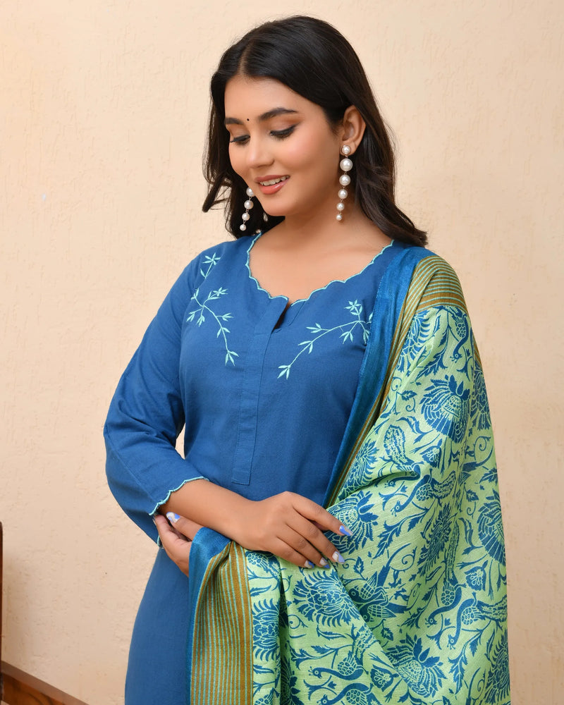 Blue Embroidered Kurta Set With Solid Pants & Printed Dupatta  (Set of 5 Pc)