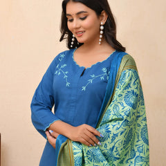 Blue Embroidered Kurta Set With Solid Pants & Printed Dupatta  (Set of 5 Pc)