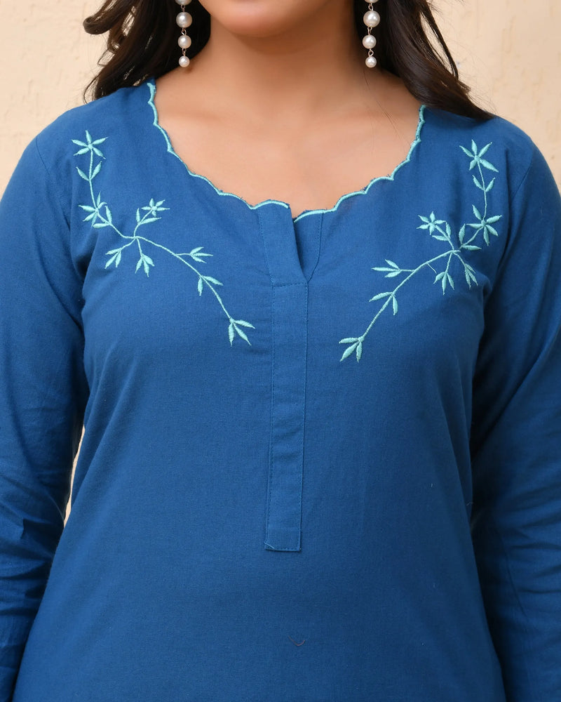 Blue Embroidered Kurta Set With Solid Pants & Printed Dupatta  (Set of 5 Pc)