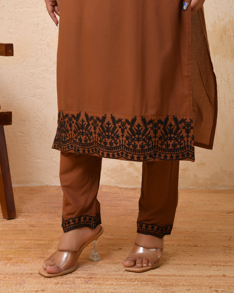 Brown Embroidered Kurta Set With Solid Pants & Printed Dupatta  (Set of 4 Pc)