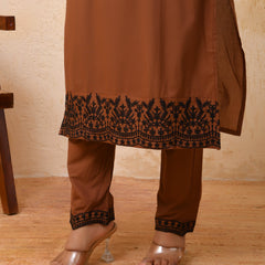 Brown Embroidered Kurta Set With Solid Pants & Printed Dupatta  (Set of 4 Pc)