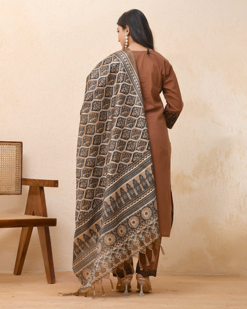 Brown Embroidered Kurta Set With Solid Pants & Printed Dupatta  (Set of 4 Pc)