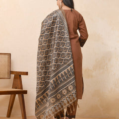 Brown Embroidered Kurta Set With Solid Pants & Printed Dupatta  (Set of 4 Pc)