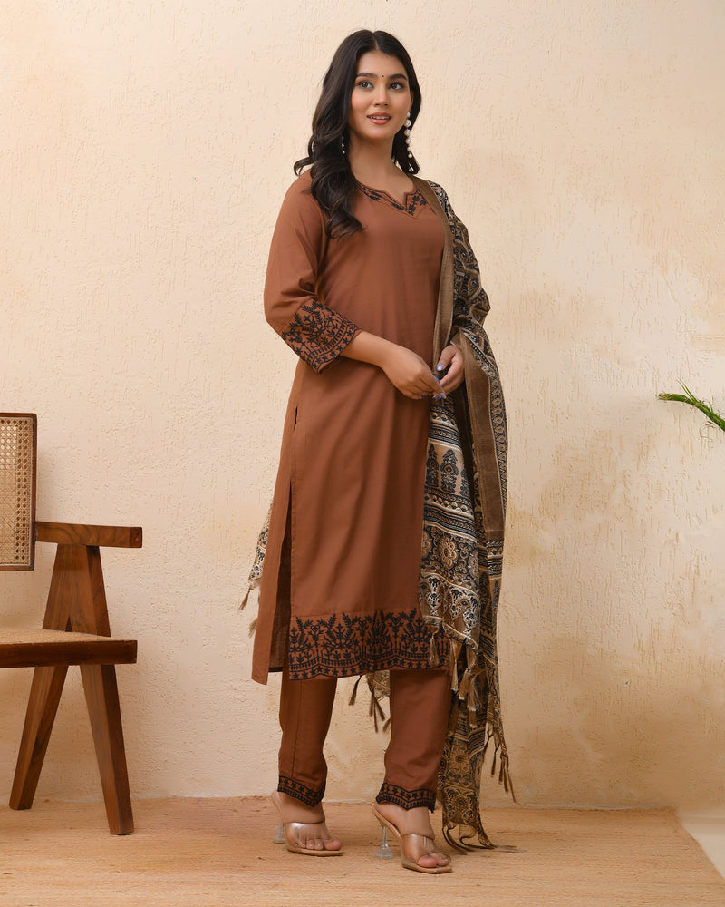 Brown Embroidered Kurta Set With Solid Pants & Printed Dupatta  (Set of 4 Pc)