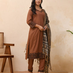 Brown Embroidered Kurta Set With Solid Pants & Printed Dupatta  (Set of 4 Pc)