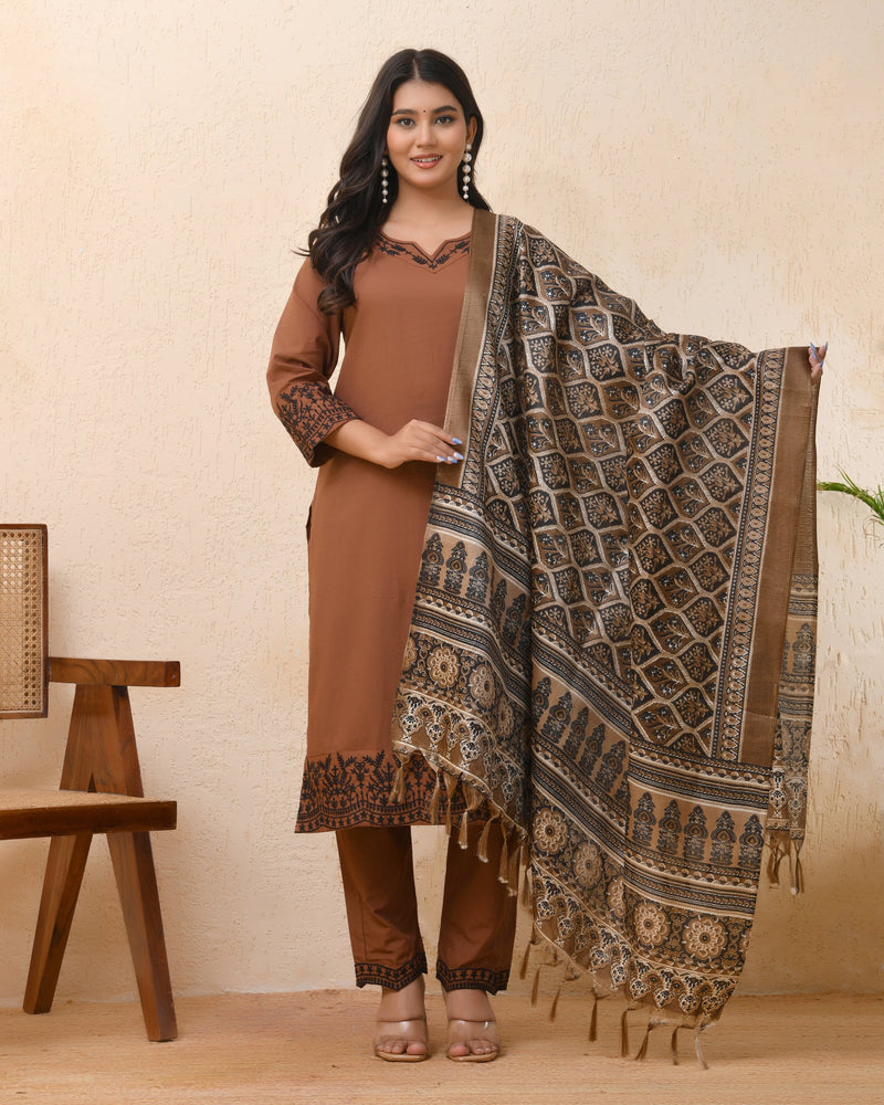 Brown Embroidered Kurta Set With Solid Pants & Printed Dupatta  (Set of 4 Pc)
