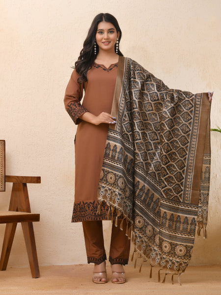 Brown Embroidered Kurta Set With Solid Pants & Printed Dupatta  (Set of 4 Pc)