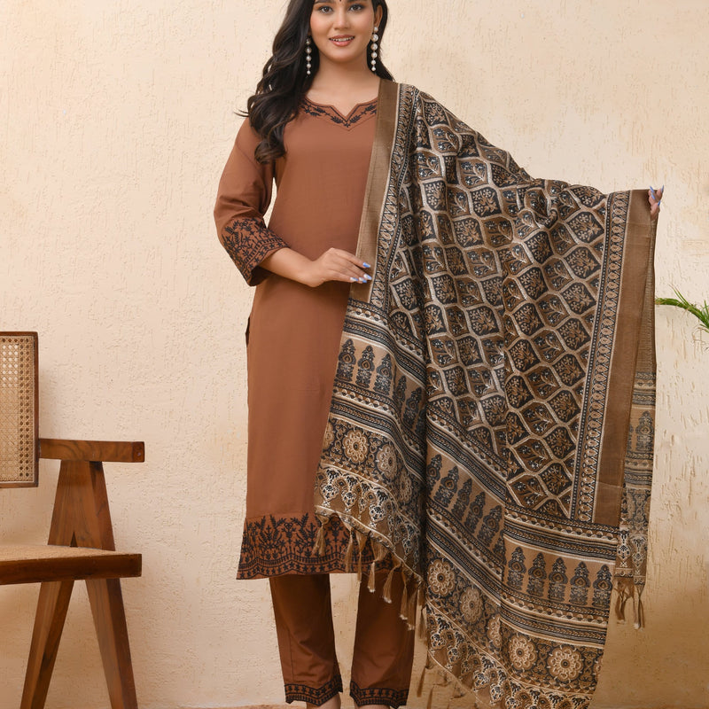 Brown Embroidered Kurta Set With Solid Pants & Printed Dupatta  (Set of 4 Pc)