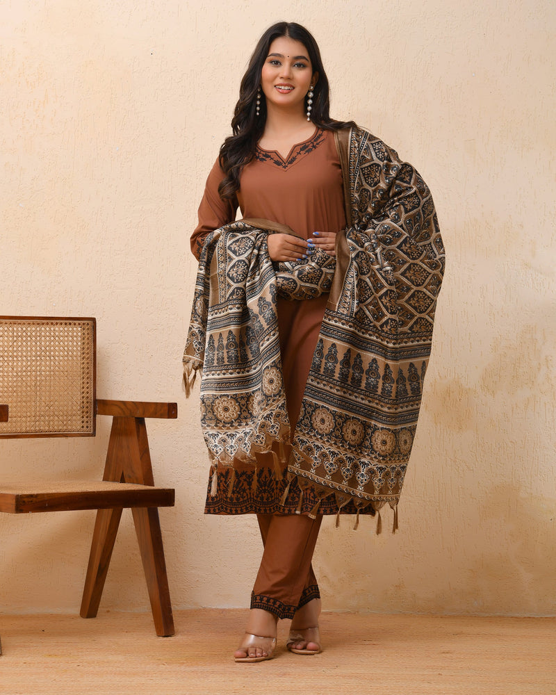 Brown Embroidered Kurta Set With Solid Pants & Printed Dupatta  (Set of 4 Pc)
