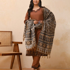 Brown Embroidered Kurta Set With Solid Pants & Printed Dupatta  (Set of 4 Pc)