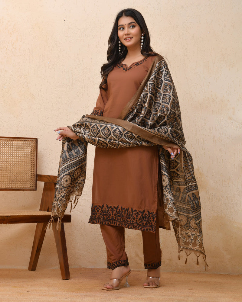 Brown Embroidered Kurta Set With Solid Pants & Printed Dupatta  (Set of 4 Pc)