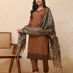 Brown Embroidered Kurta Set With Solid Pants & Printed Dupatta  (Set of 4 Pc)