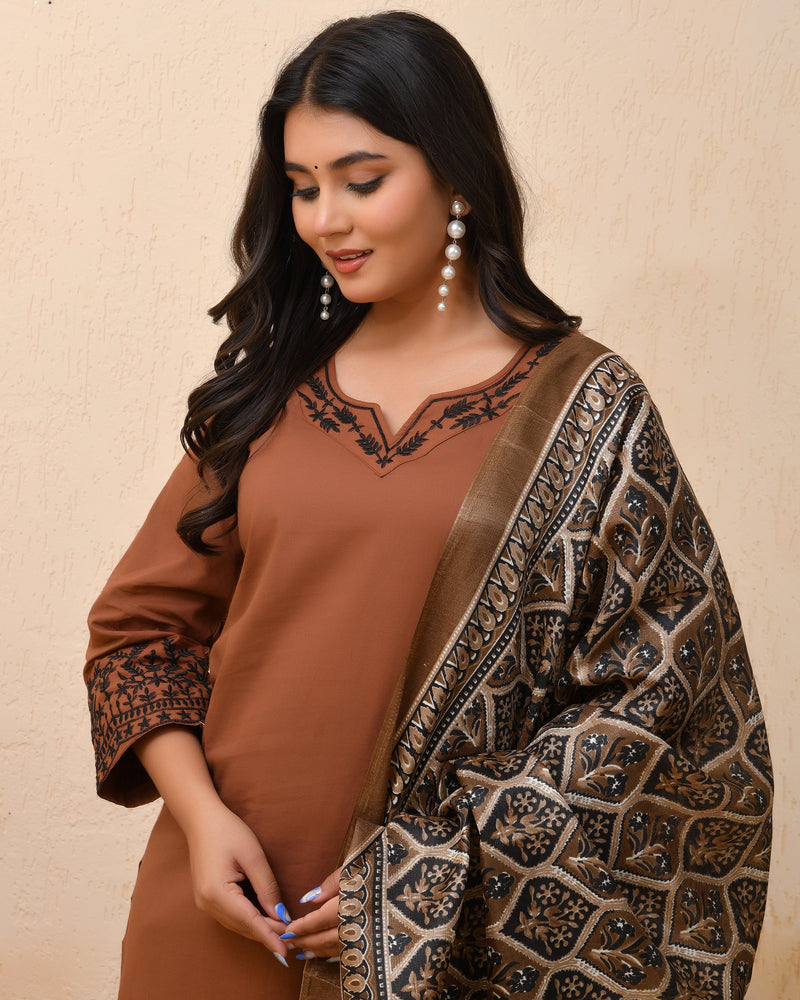 Brown Embroidered Kurta Set With Solid Pants & Printed Dupatta  (Set of 4 Pc)