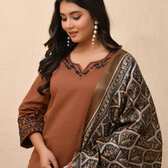 Brown Embroidered Kurta Set With Solid Pants & Printed Dupatta  (Set of 4 Pc)