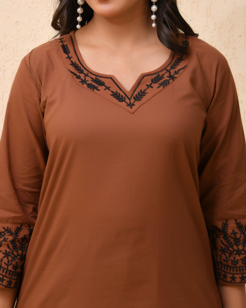 Brown Embroidered Kurta Set With Solid Pants & Printed Dupatta  (Set of 4 Pc)