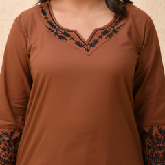 Brown Embroidered Kurta Set With Solid Pants & Printed Dupatta  (Set of 4 Pc)